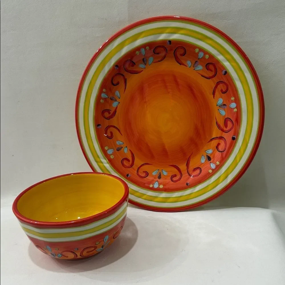 Pier 1 Pasilla Vibrant Orange Yellow 10 3/4 In Plate & 5 1/2 Round Bowl 3 In Ta